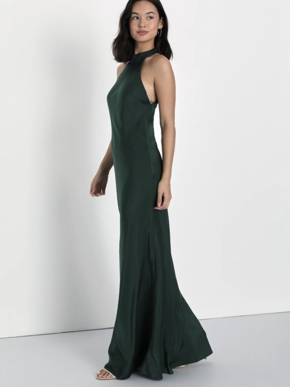 Lulus Astounding Elegance Emerald Green Satin Halter Maxi Dress​ NWT